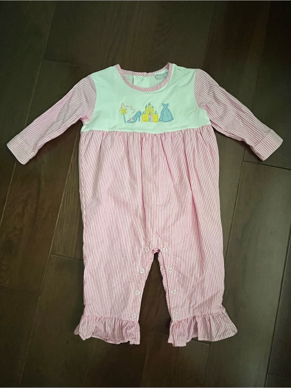 Pink Striped Baby Romper with Princess Castle Appliqué